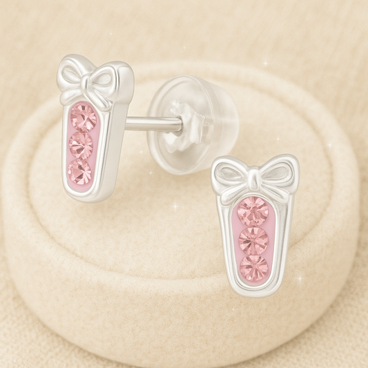 Boucles d'oreilles pour enfants, chaussures de ballerine avec pierre rose, argent 925